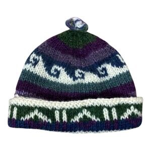 Vintage Lost Horizons Handmade Nepal Wool Beanie Hat Multicolor Striped Pom